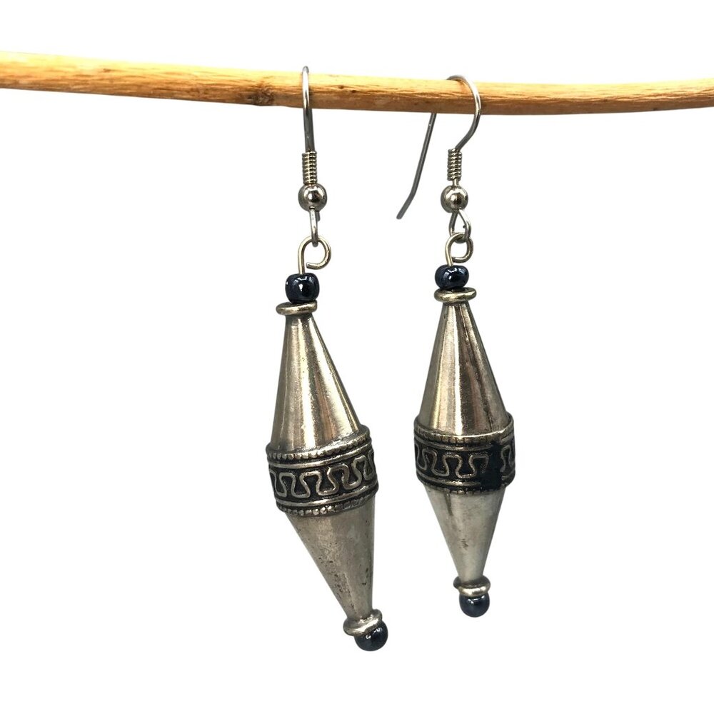 Vintage Indian Silver Etruscan Style Earrings with Bicone Dangle and Hematite